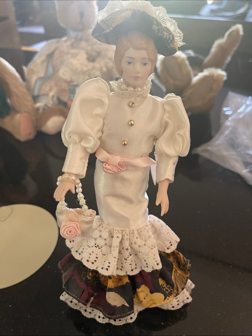 Porcelain Victorian-Style White and Pink Decorative Doll